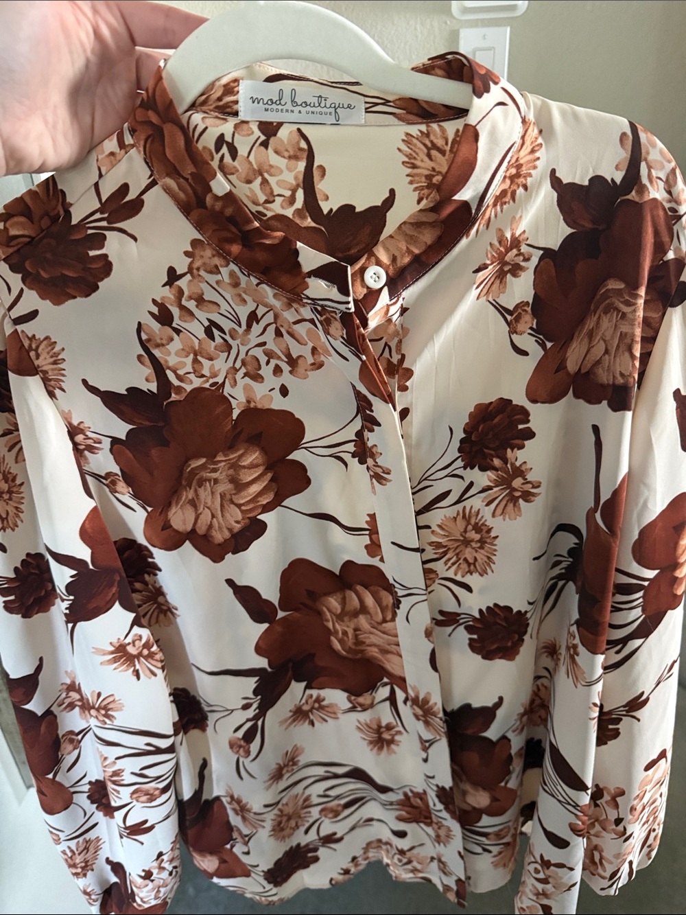 Mod Boutique Cream Button-Down Shirt with Brown Floral Print